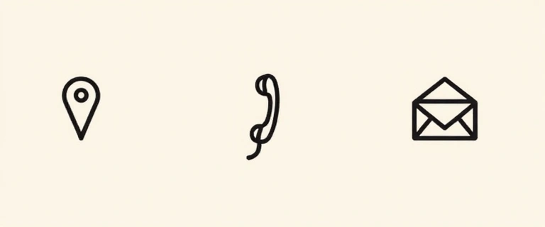 Tatlong icon na kumakatawan sa lokasyon, telepono, at email, na nakahanay nang pahalang sa isang malinis na background.