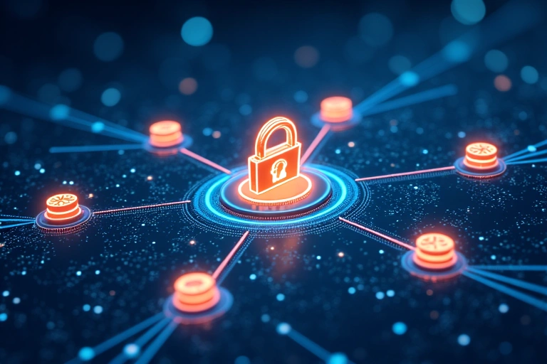 Digital illustration of data flow and security with various cyber elements