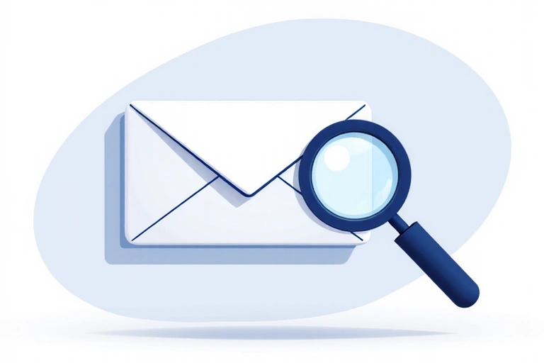 Illustration of a contact form or email icon with a magnifying glass, symbolizing inquiries