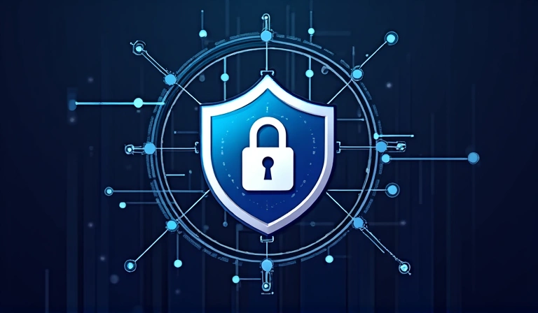Cybersecurity illustration with a shield icon and digital lock, representing data protection.