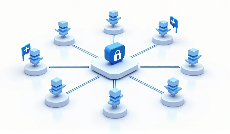 Illustration of secure data sharing between different entities, represented by interconnected abstract shapes and lock icons.