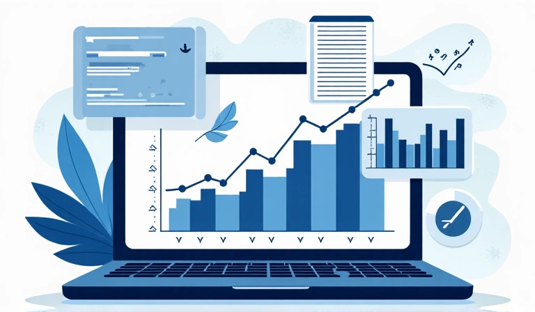 Illustrative image of data analysis and improvement, showing charts and graphs over a laptop screen.